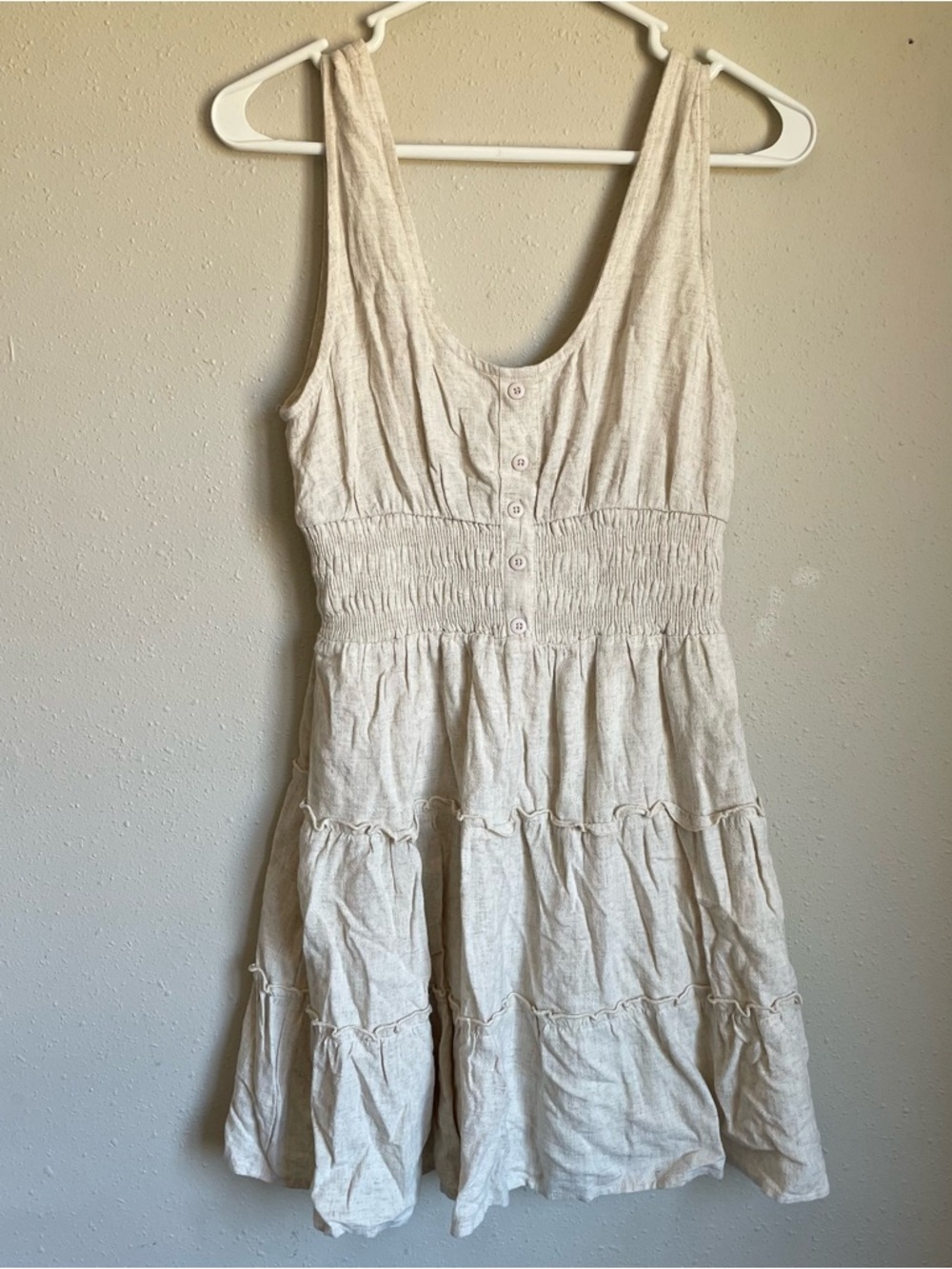 Sleeveless Smocked Waist Tiered Cotton Dress - Cream